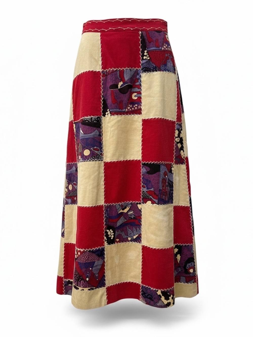Vintage Handmade Patchwork Corduroy Maxi Skirt - Red Cream Boho OOAK